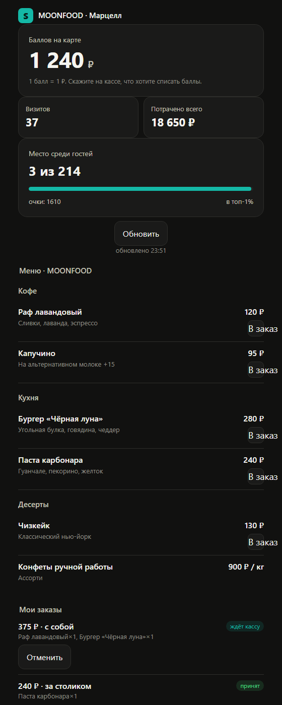 Меню заведения в карте гостя и раздел «Мои заказы»