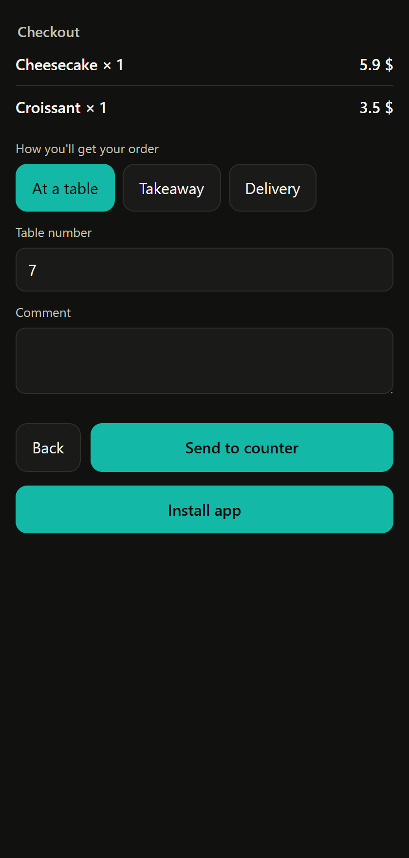 Placing an order in the guest card: at the table, takeaway or delivery, time and comment