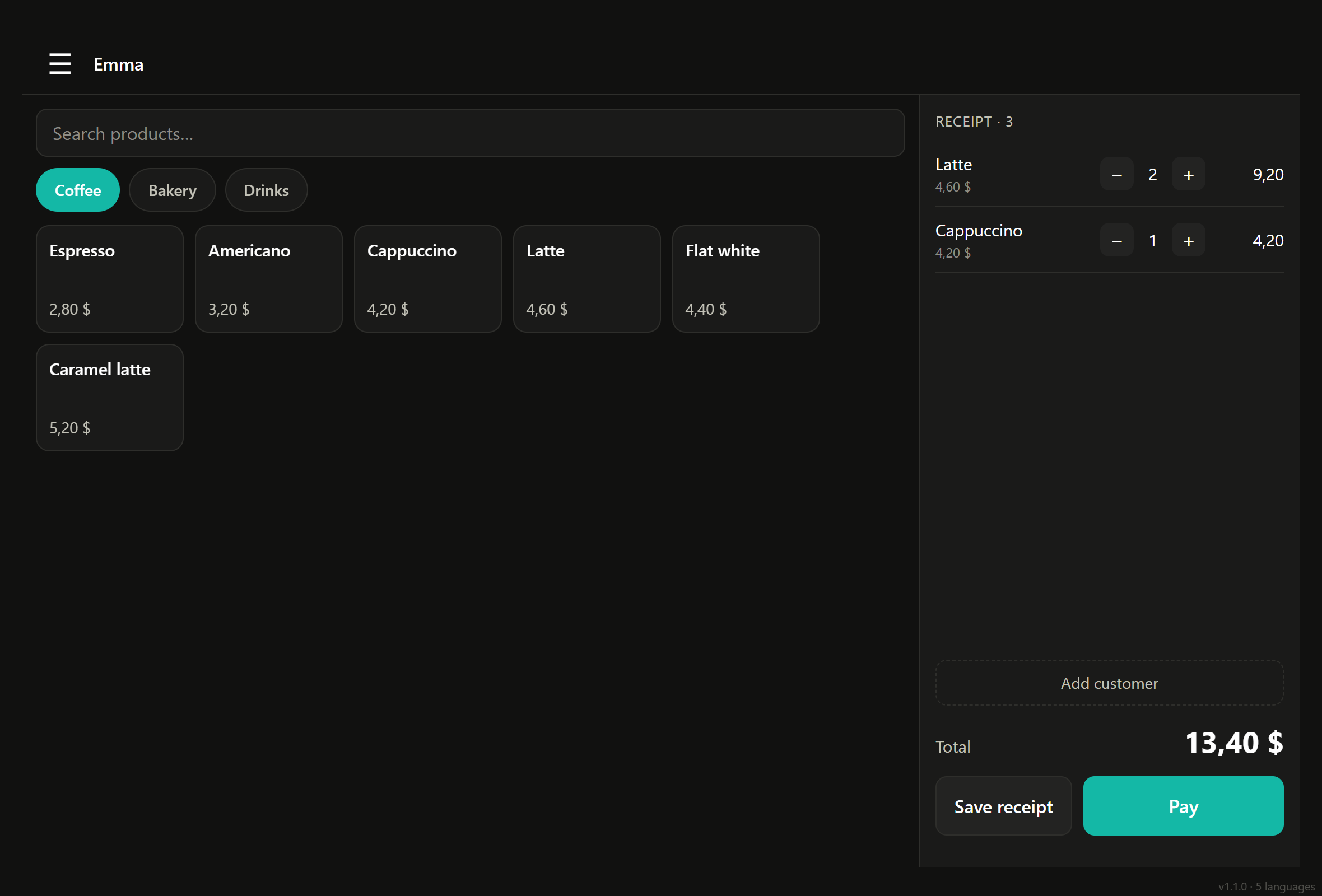 Selvora POS sales screen: menu on the left, the receipt being built on the right