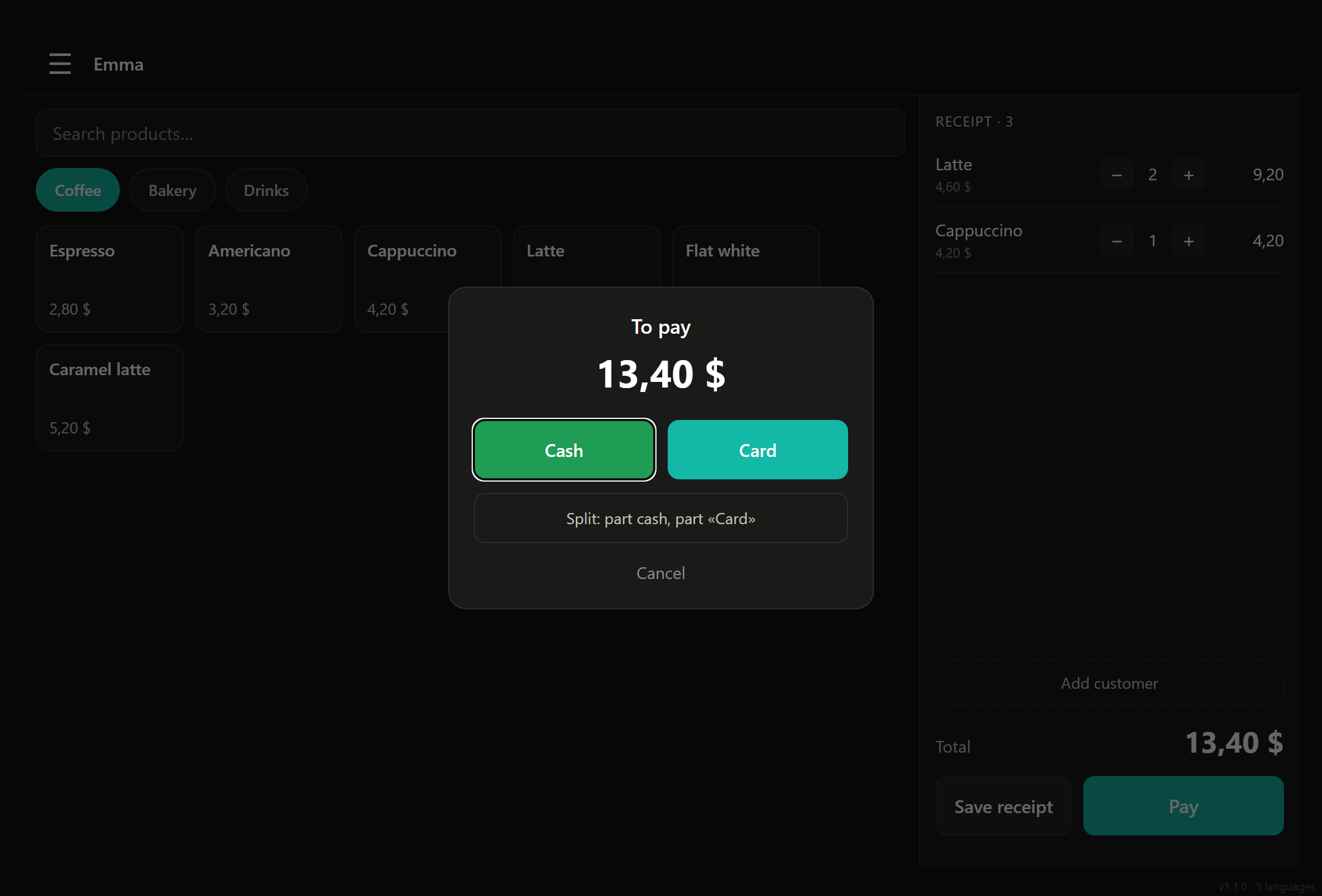 Payment window on the Selvora POS: amount due, "Cash" and "Card" buttons, split payment