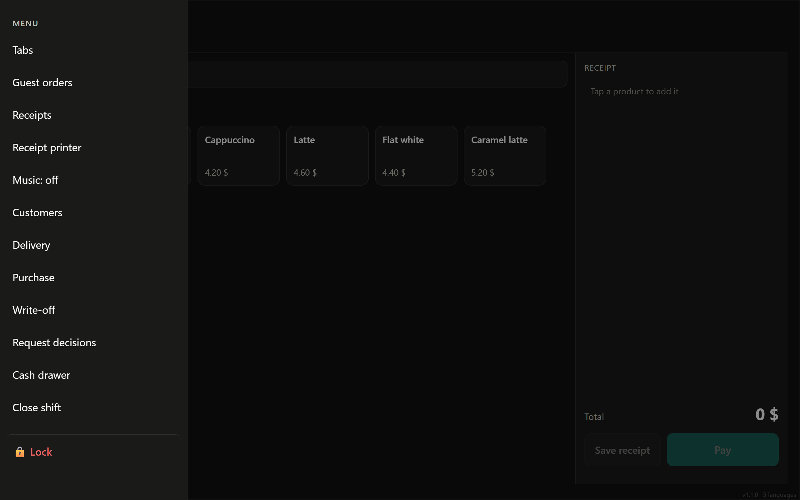Closing a shift on the Selvora POS: receipts, revenue, cash and card, cost, profit and cash count